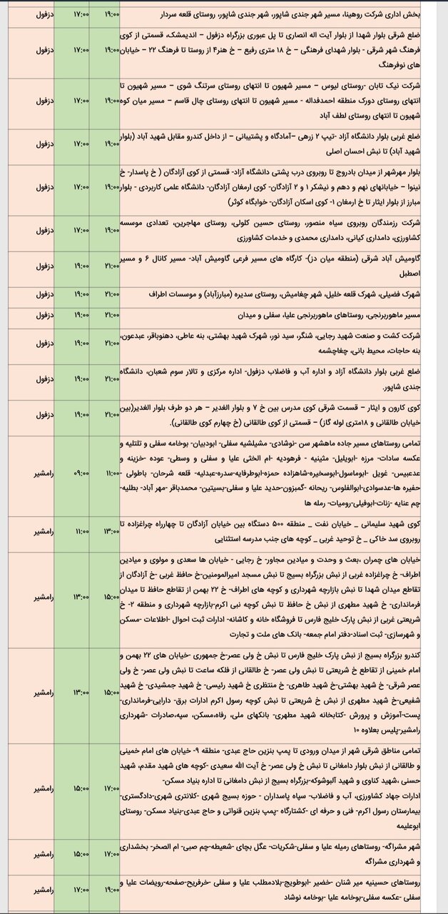 جدول خاموشی برق شهرهای خوزستان