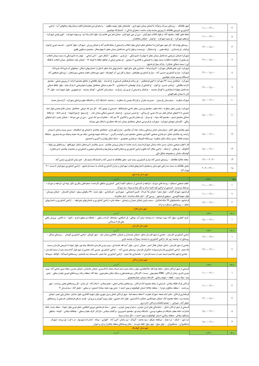 برنامه قطعی برق چهارمحال و بختیاری چهارشنبه ۲۷ فروردین + جدول