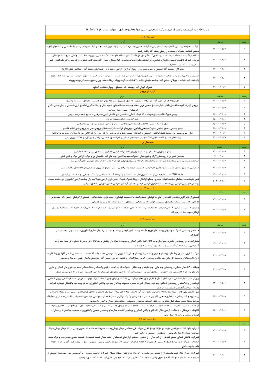 برنامه قطعی برق چهارمحال و بختیاری چهارشنبه ۲۷ فروردین + جدول
