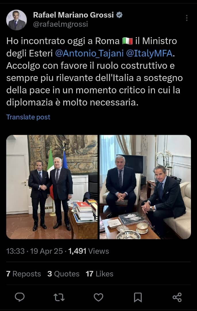 دیدار گروسی با وزیر خارجه ایتالیا پیش از آغاز مذاکرات تهران-واشنگتن در رم