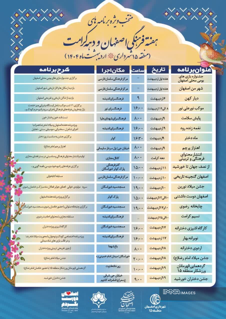 اجرای بیش از ۲۰ ویژهبرنامه بهمناسبت دهه کرامت و هفته فرهنگی اصفهان در منطقه ۱۵