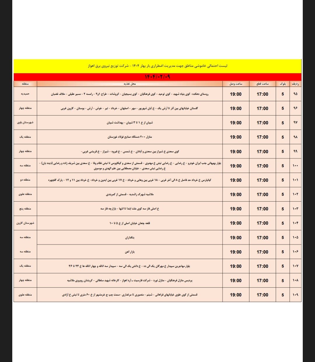جدول خاموشی برق اهواز سهشنبه ۹ اردیبهشت