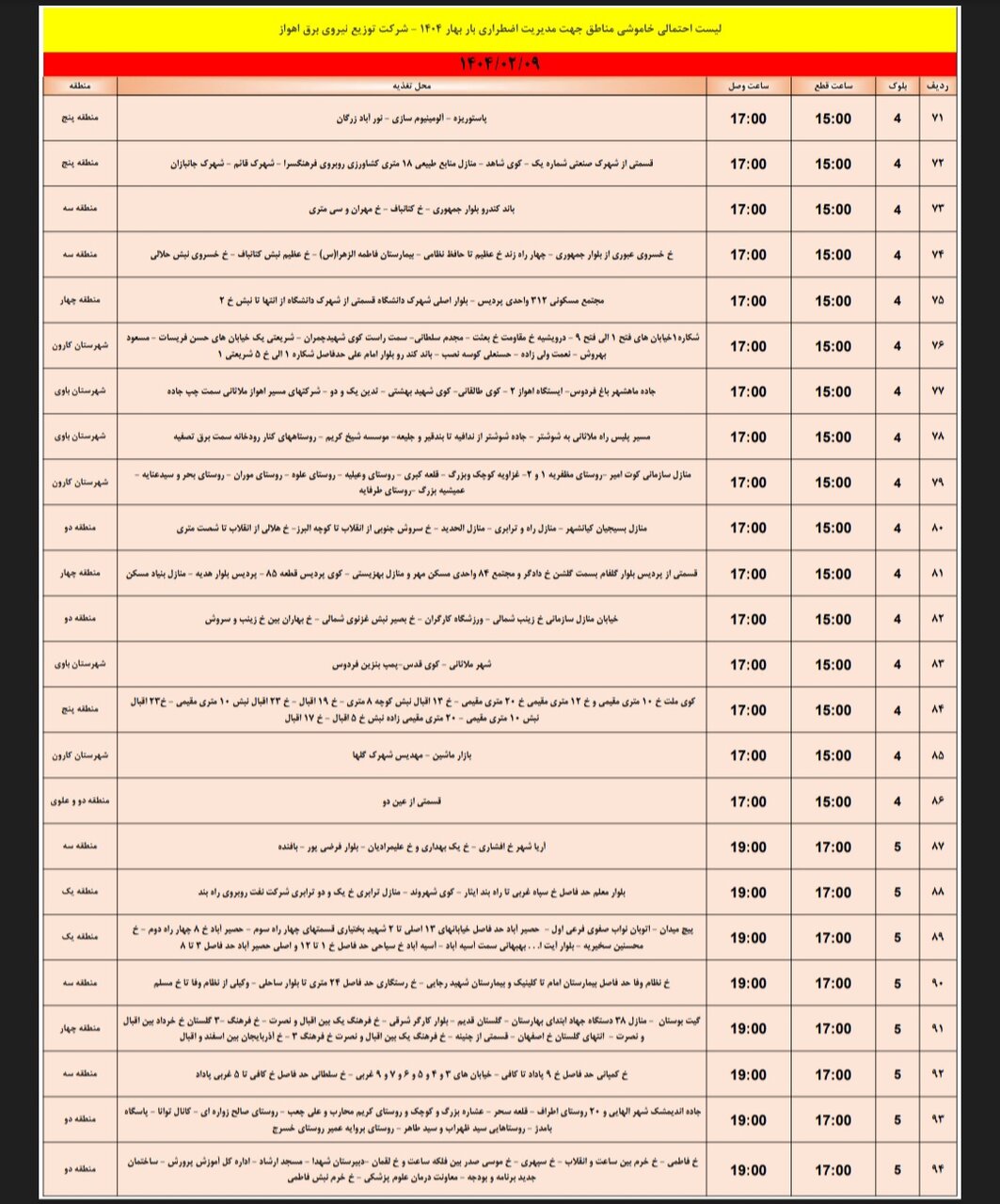 جدول خاموشی برق اهواز سه‌شنبه ۹ اردیبهشت