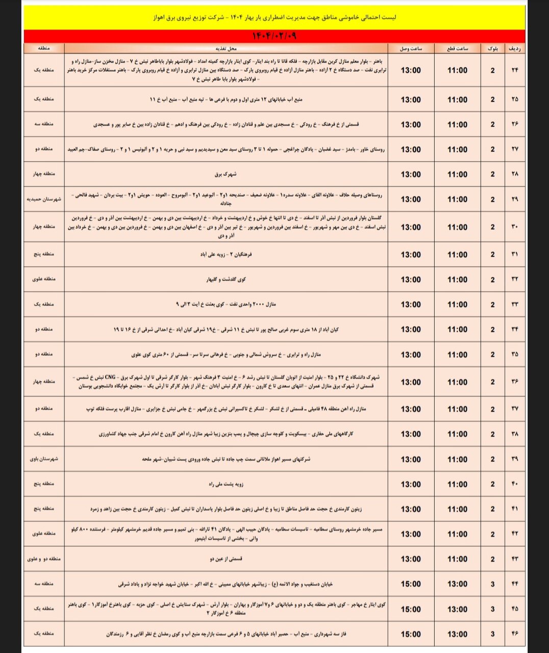 جدول خاموشی برق اهواز سه‌شنبه ۹ اردیبهشت