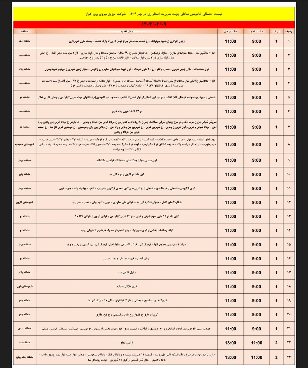 جدول خاموشی برق اهواز سه‌شنبه ۹ اردیبهشت