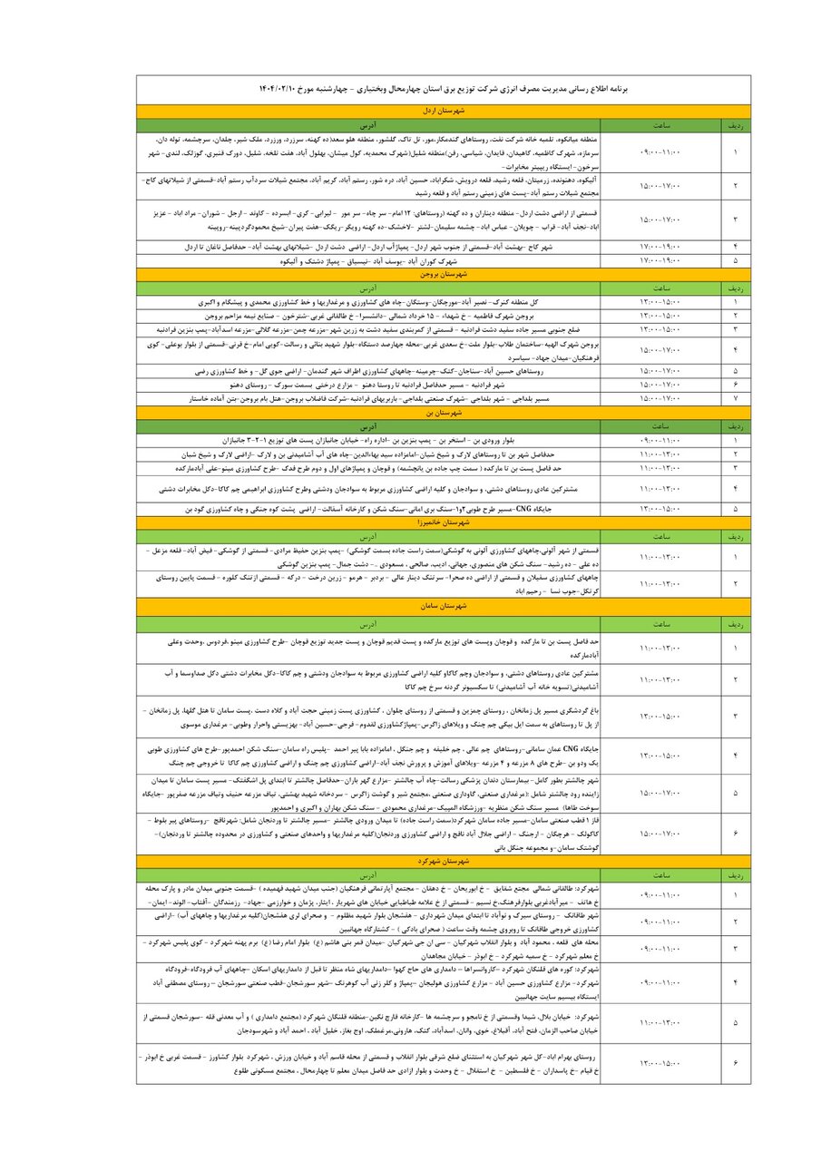 برنامه قطعی برق چهارمحال و بختیاری چهارشنبه ۱۰ اردیبهشت + جدول