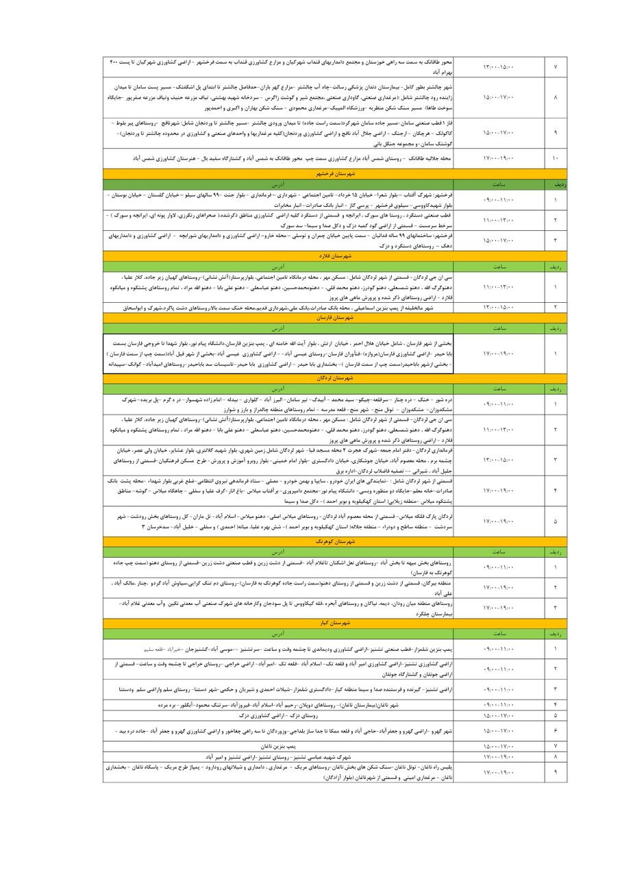برنامه قطعی برق چهارمحال و بختیاری چهارشنبه ۱۰ اردیبهشت + جدول