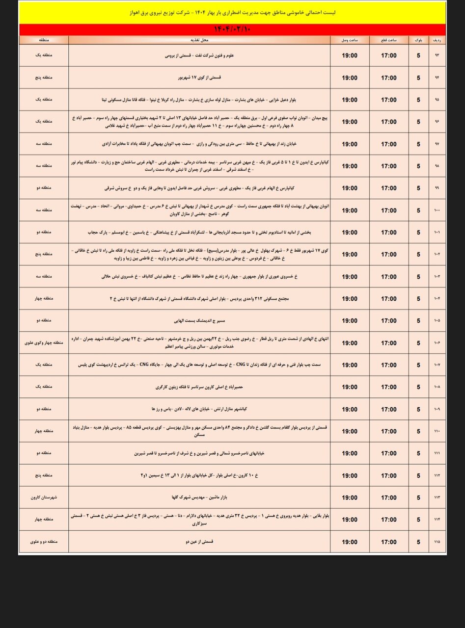 جدول خاموشی برق اهواز چهارشنبه ۱۰ اردیبهشت