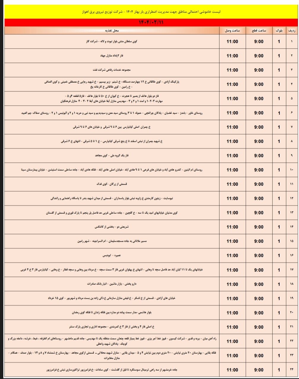 جدول خاموشی برق اهواز پنجشنبه ۱۱ اردیبهشت