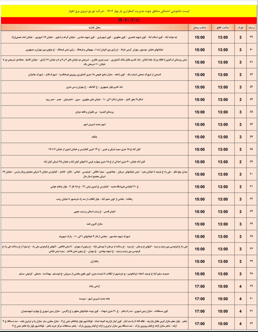 جدول خاموشی برق اهواز پنجشنبه ۱۱ اردیبهشت