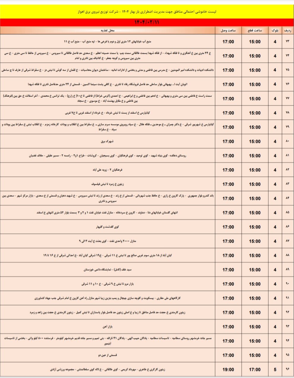 جدول خاموشی برق اهواز پنجشنبه ۱۱ اردیبهشت