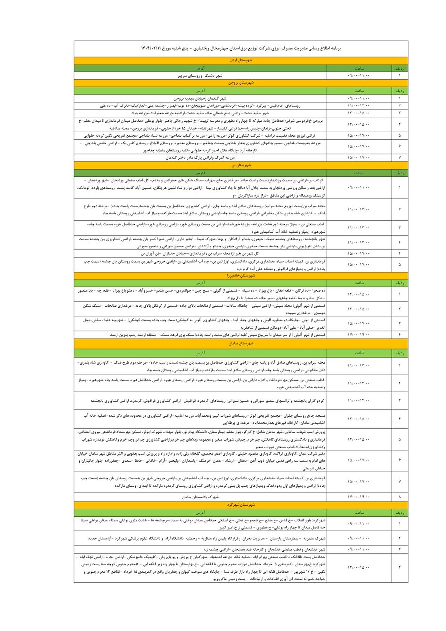 برنامه قطعی برق چهارمحال‌ و بختیاری‌ پنجشنبه ۱۱ اردیبهشت + جدول