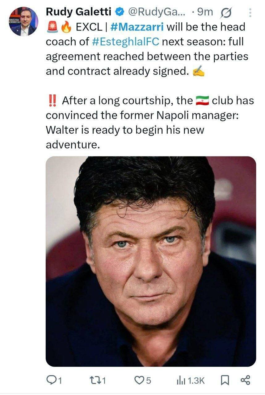 ادعای اسکای اسپرت؛ والتر ماتزاری سرمربی استقلال شد