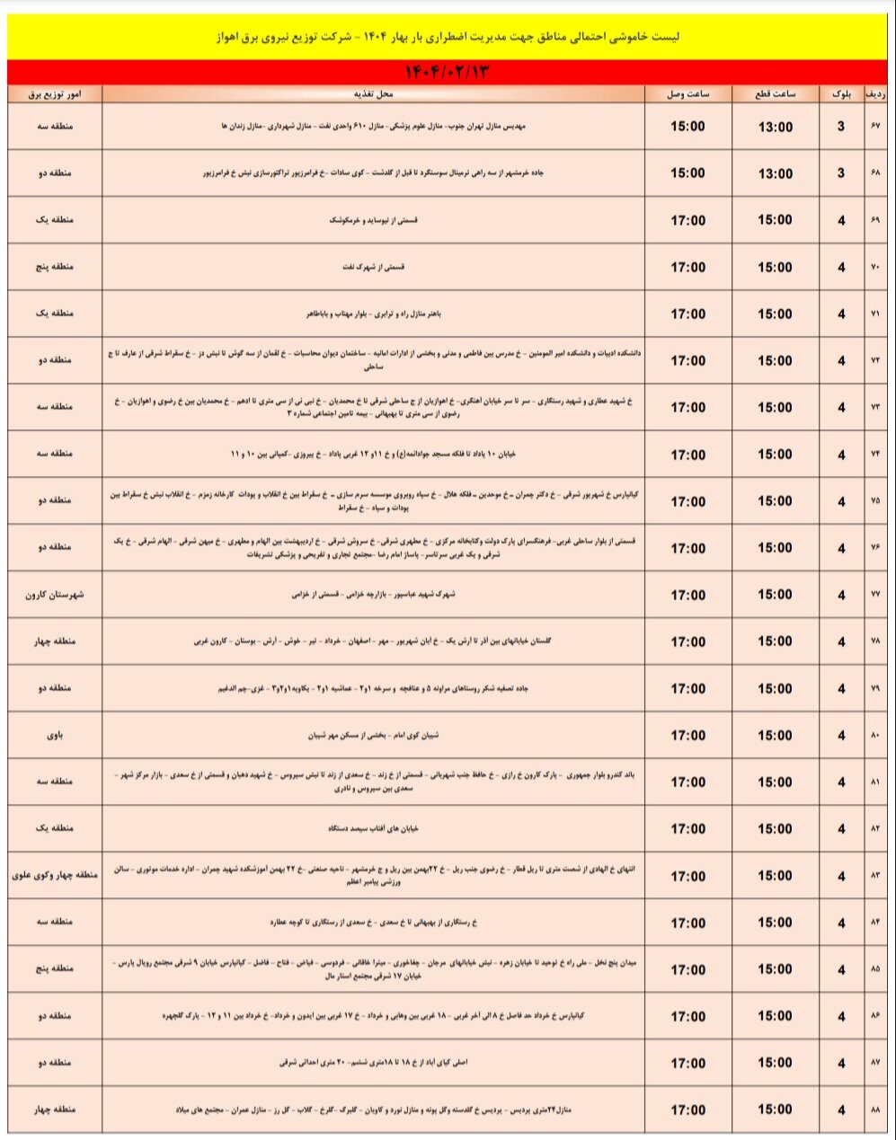 جدول خاموشی برق اهواز شنبه ۱۳ اردیبهشت