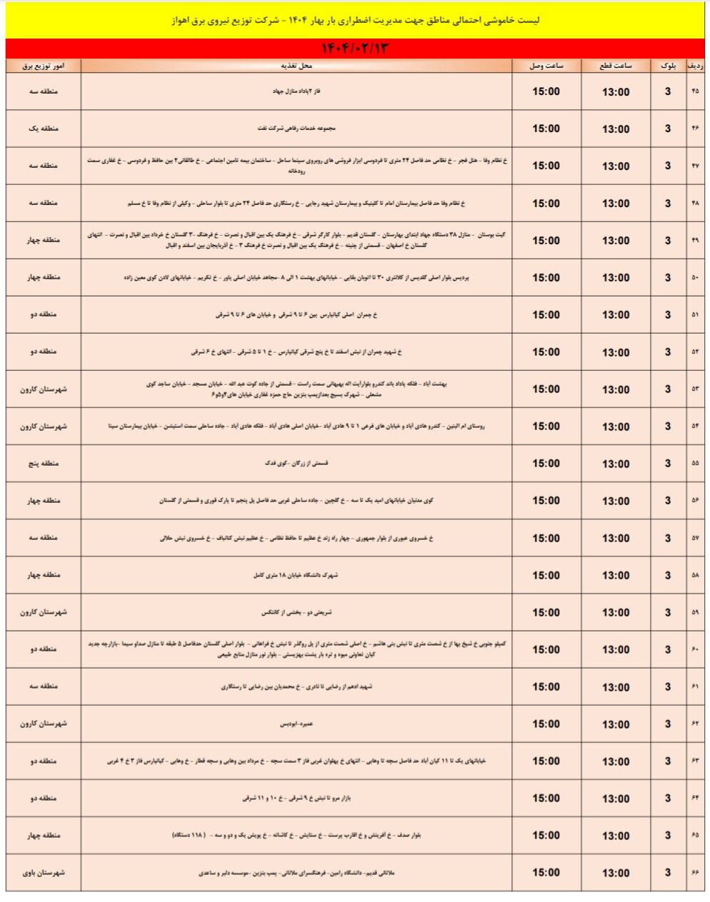 جدول خاموشی برق اهواز شنبه ۱۳ اردیبهشت