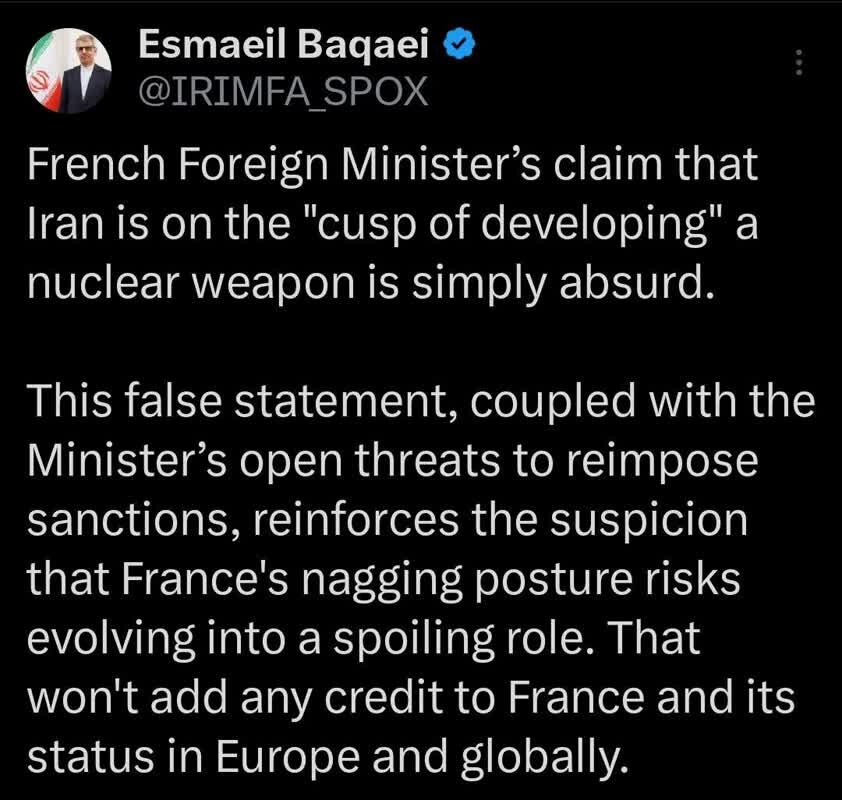 وزیر خارجه کشور از نقش اخلالگرانه فرانسه درباره فعالیتهای صلحآمیز ایران انتقاد کرد