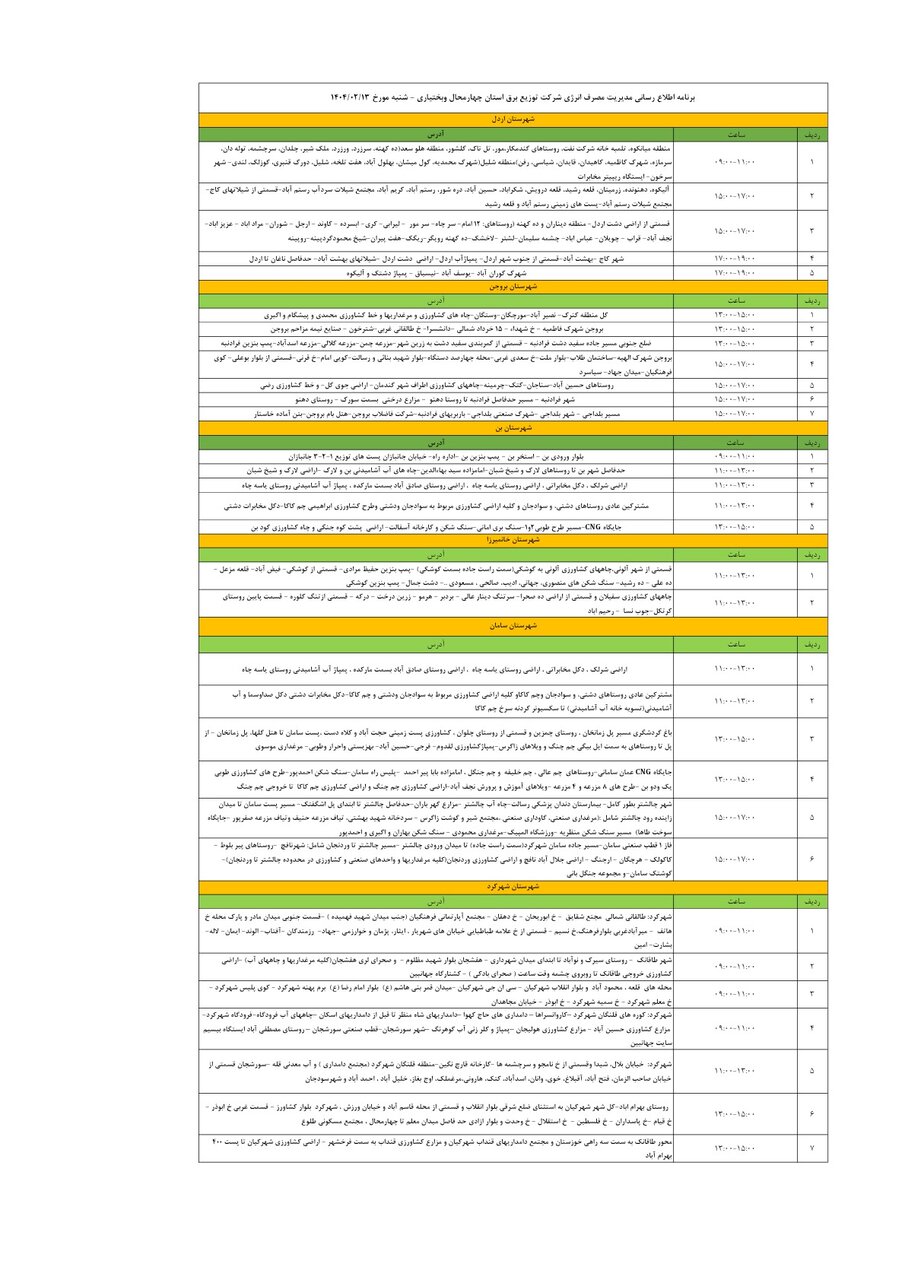 برنامه قطعی برق چهارمحال و بختیاری شنبه ۱۳ اردیبهشت + جدول