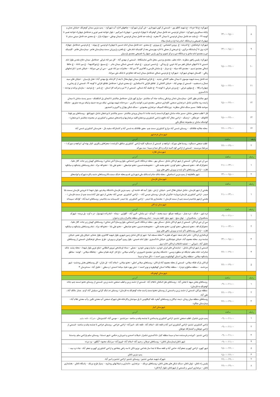 برنامه قطعی برق چهارمحال و بختیاری شنبه ۱۳ اردیبهشت + جدول