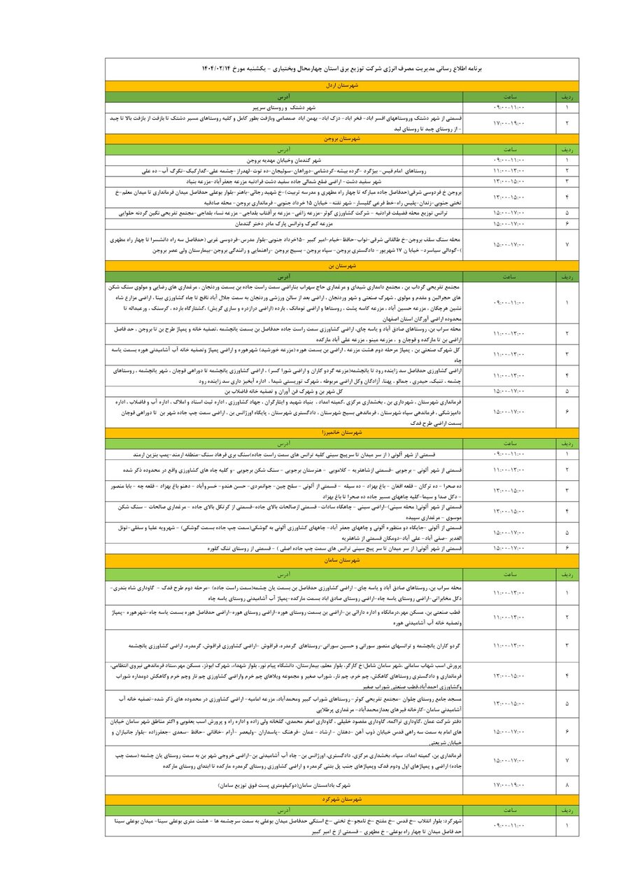 برنامه قطعی برق چهارمحال‌ و بختیاری‌ یکشنبه ۱۴ اردیبهشت + جدول