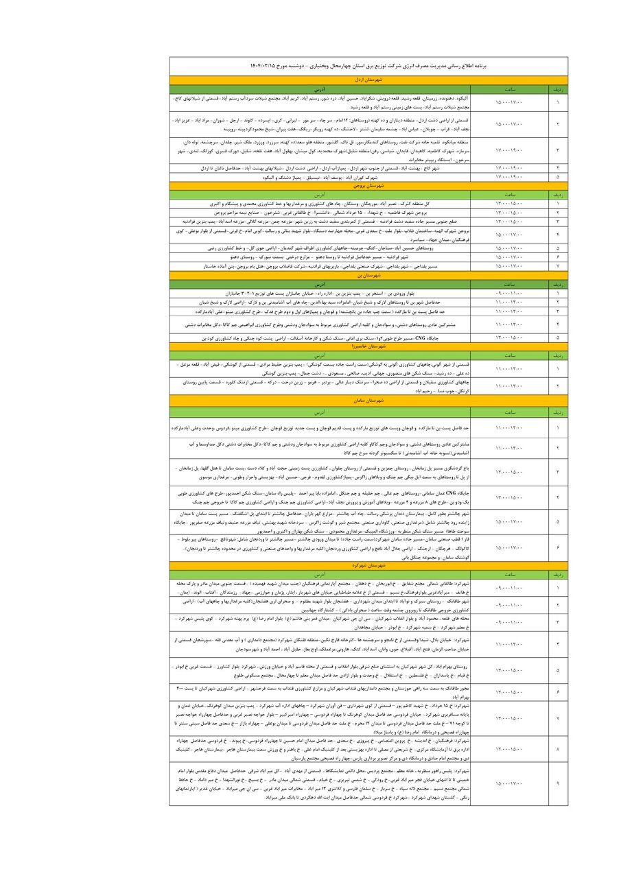 برنامه قطعی برق چهارمحال و بختیاری دوشنبه ۱۵ اردیبهشت + جدول