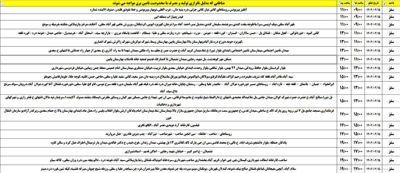 برنامه قطعی برق کردستان در روز دوشنبه ۱۵ اردیبهشت + جدول