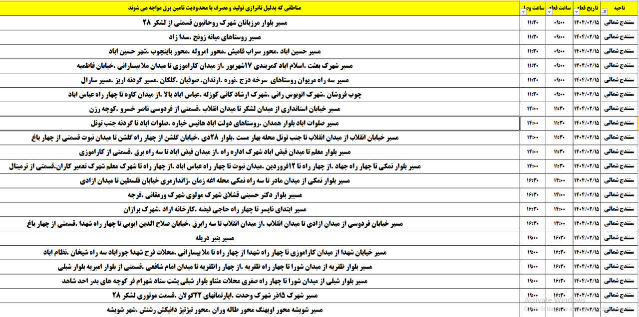 برنامه قطعی برق کردستان در روز دوشنبه ۱۵ اردیبهشت + جدول