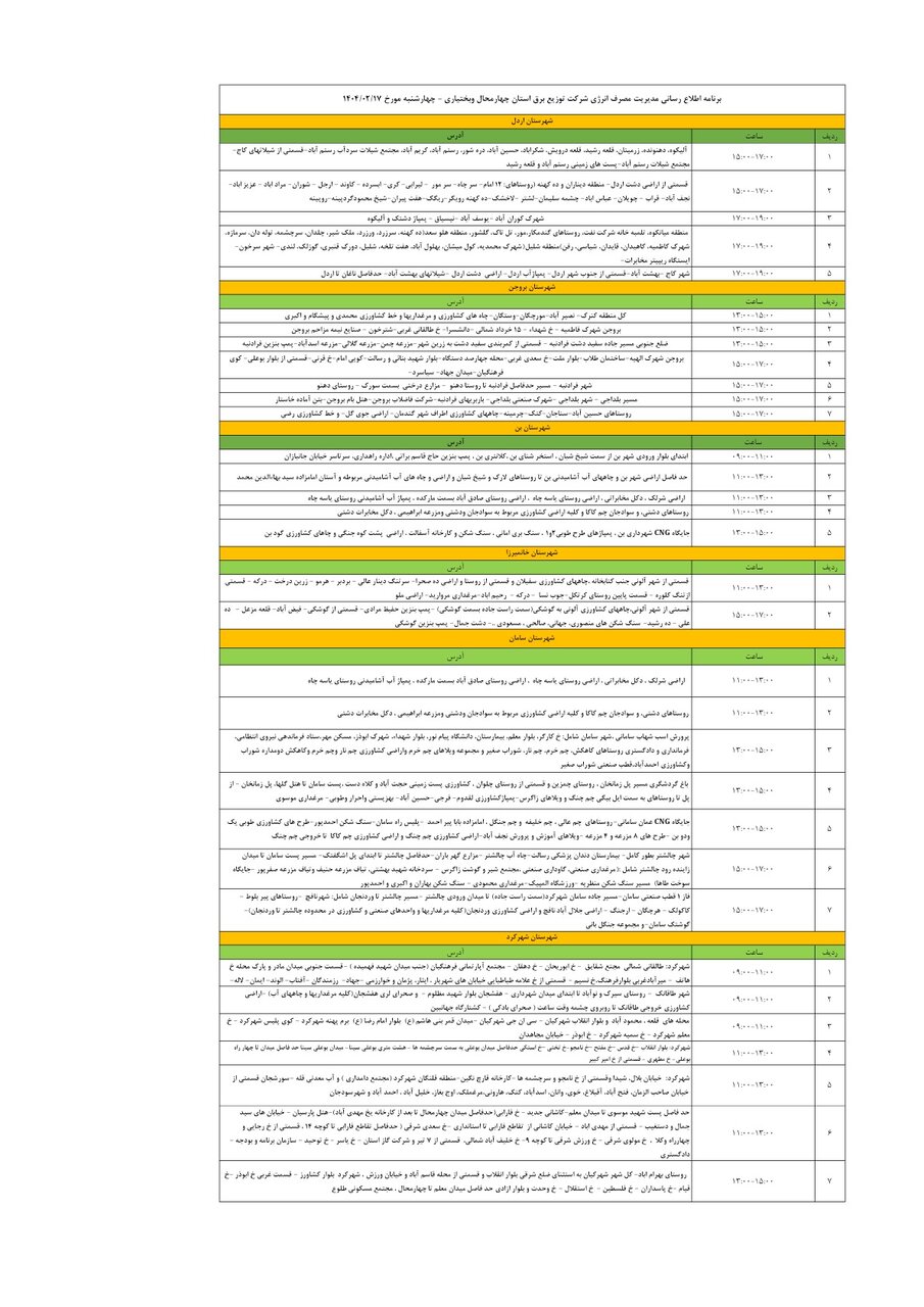 برنامه قطعی برق چهارمحال و بختیاری چهارشنبه ۱۷ اردیبهشت + جدول
