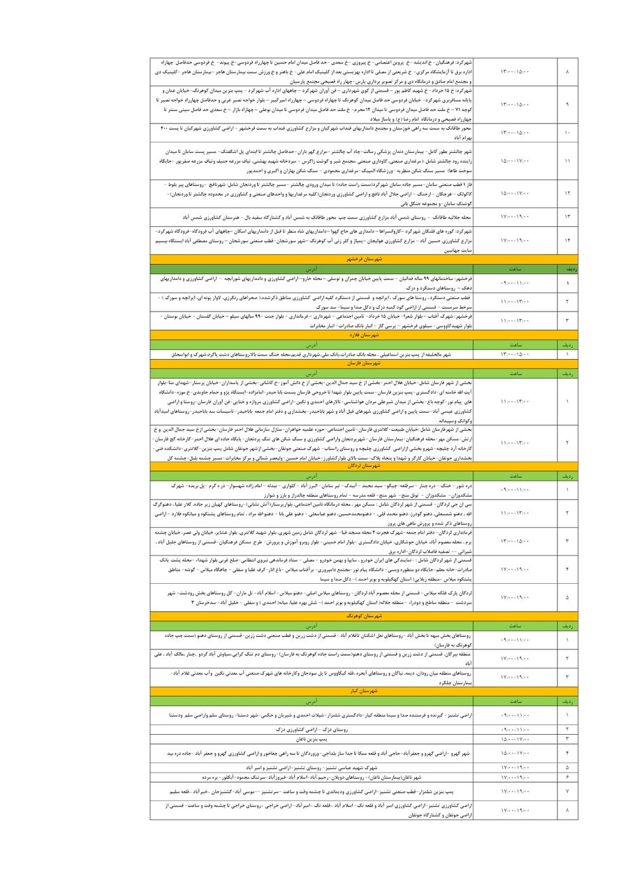 برنامه قطعی برق چهارمحال و بختیاری چهارشنبه ۱۷ اردیبهشت + جدول