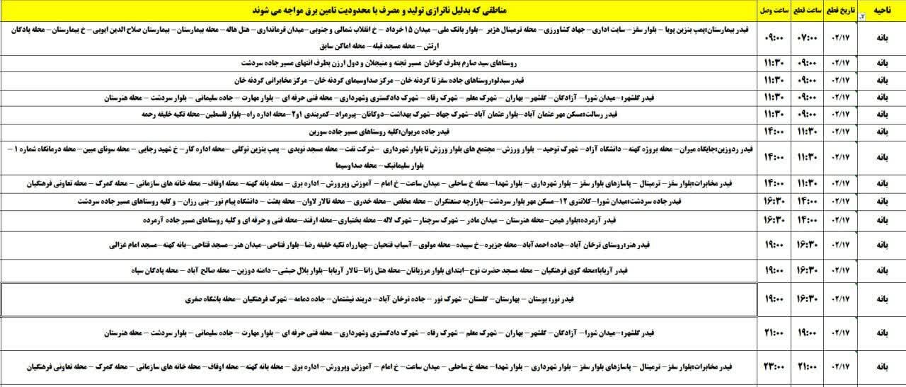 برنامه خاموشی‌های برق کردستان روز چهارشنبه ۱۷ اردیبهشت + جدول