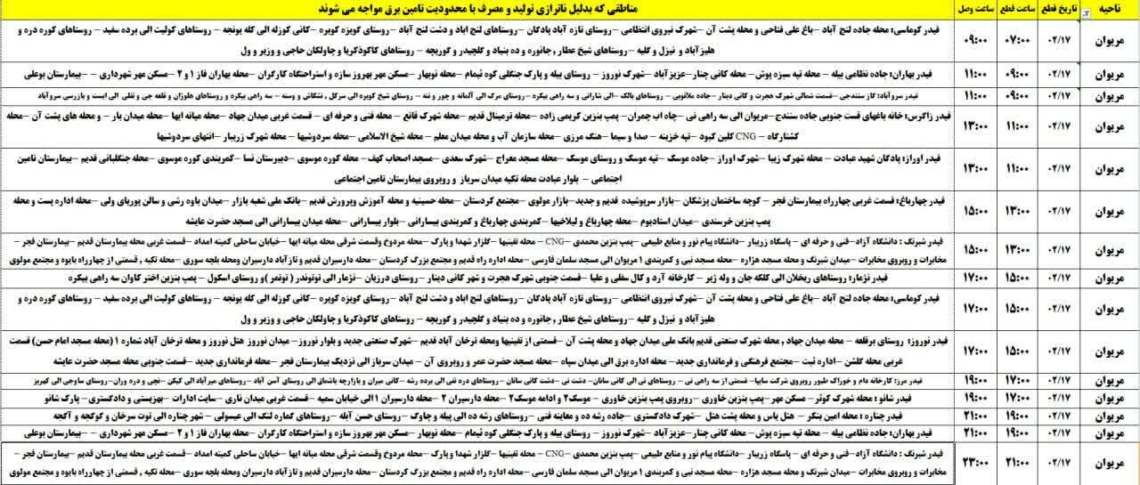 برنامه خاموشیهای برق کردستان روز چهارشنبه ۱۷ اردیبهشت + جدول