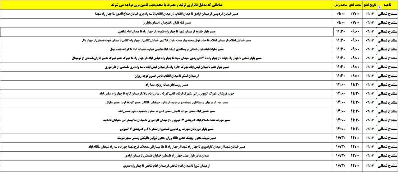 برنامه خاموشیهای برق کردستان روز چهارشنبه ۱۷ اردیبهشت + جدول