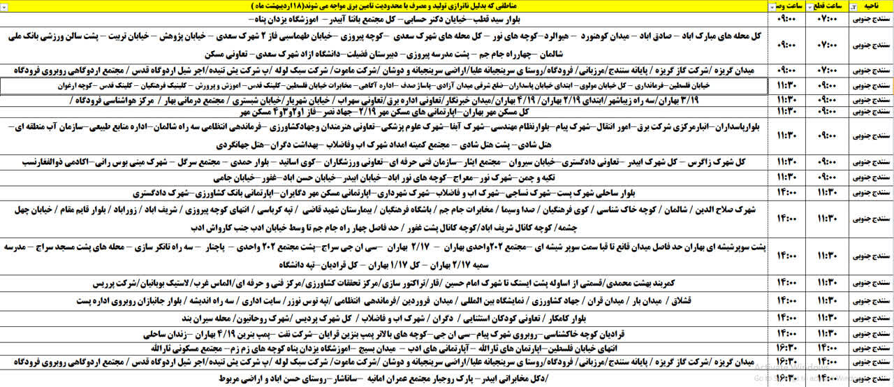 برنامه قطعی برق کردستان روز پنجشنبه ۱۸ اردیبهشت + جدول