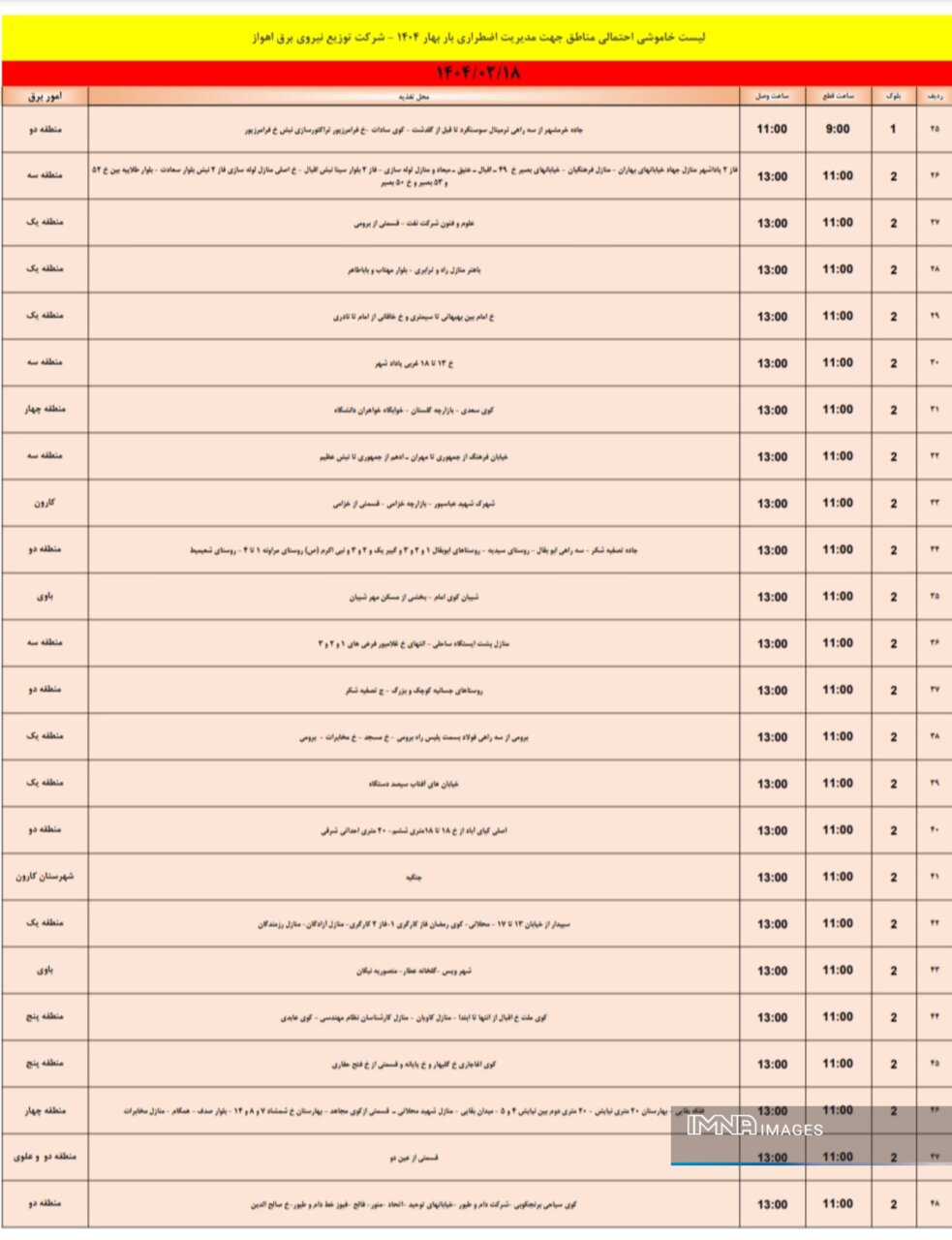 جدول خاموشی برق اهواز پنج‌شنبه ۱۸ اردیبهشت