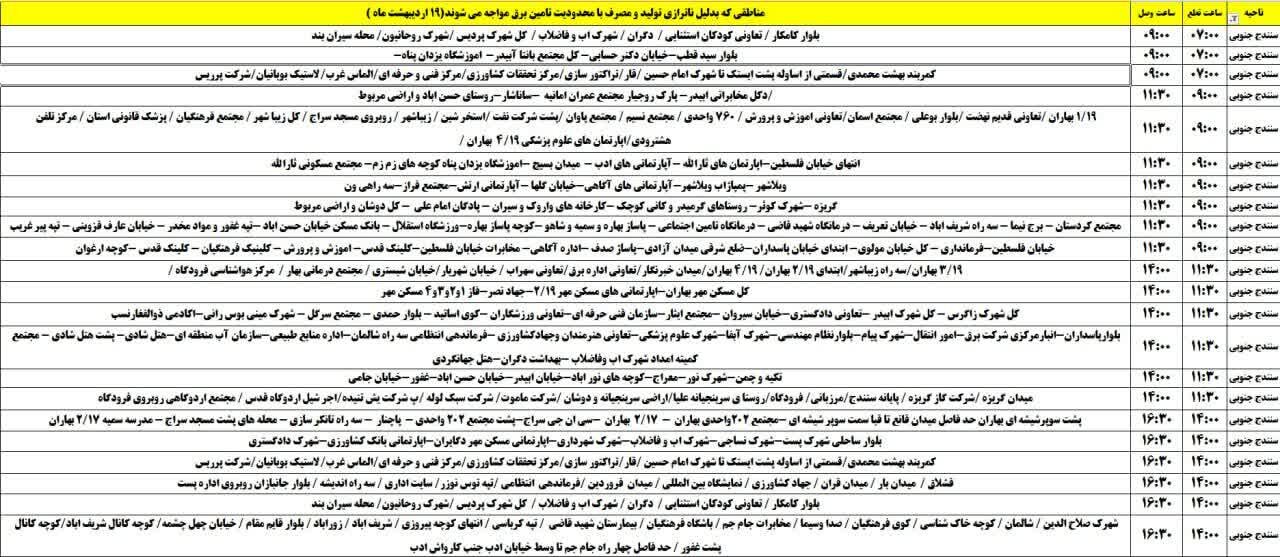 برنامه قطعی برق کردستان روز جمعه ۱۹ اردیبهشت + جدول