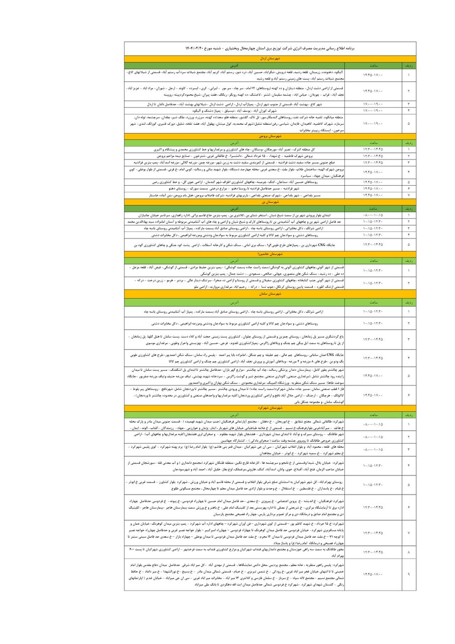 برنامه قطعی برق چهارمحال و بختیاری شنبه ۲۰ اردیبهشت + جدول