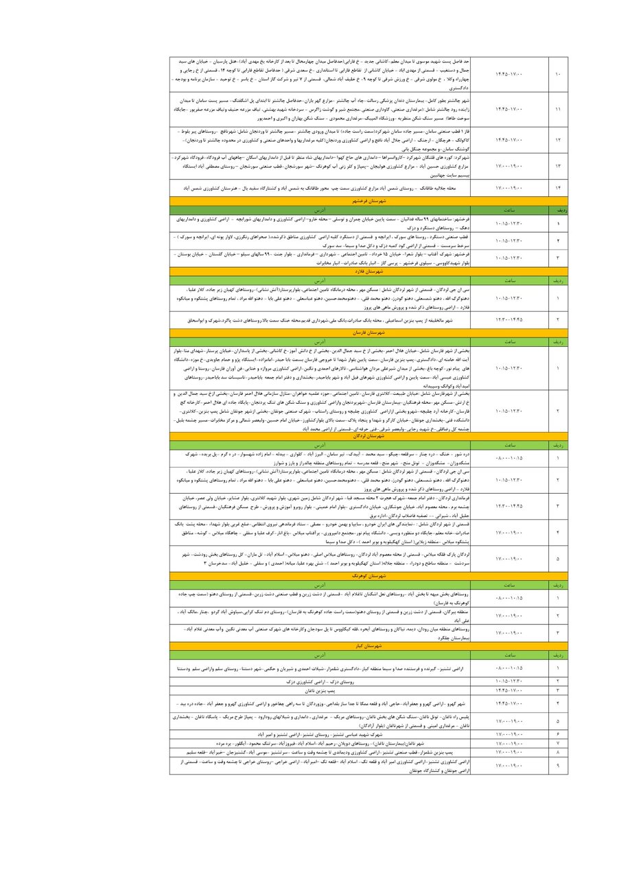 برنامه قطعی برق چهارمحال‌ و بختیاری‌ شنبه ۲۰ اردیبهشت + جدول