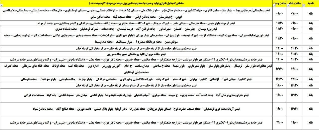 برنامه قطعی برق کردستان روز شنبه ۲۰ اردیبهشت + جدول