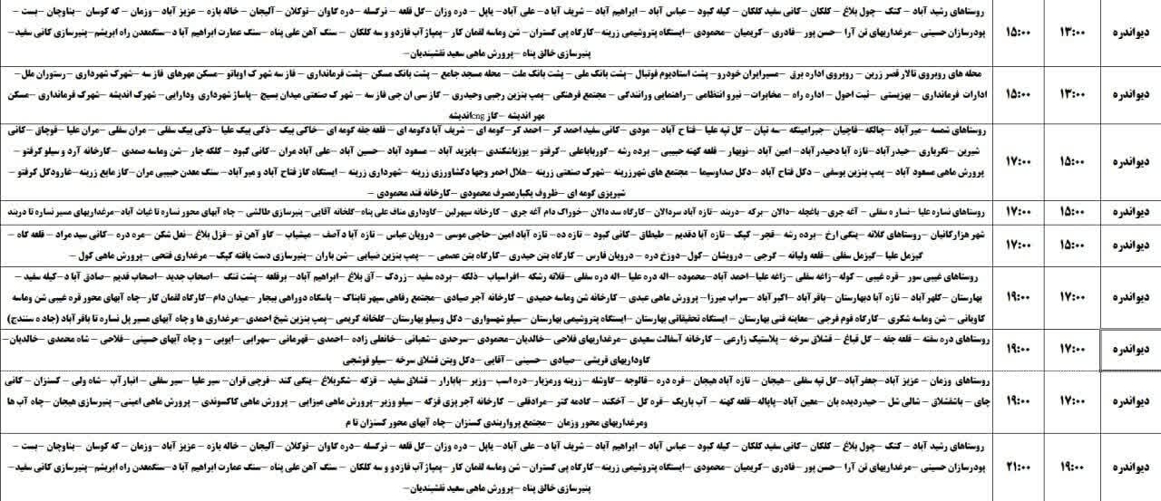 برنامه قطعی برق کردستان روز شنبه ۲۰ اردیبهشت + جدول