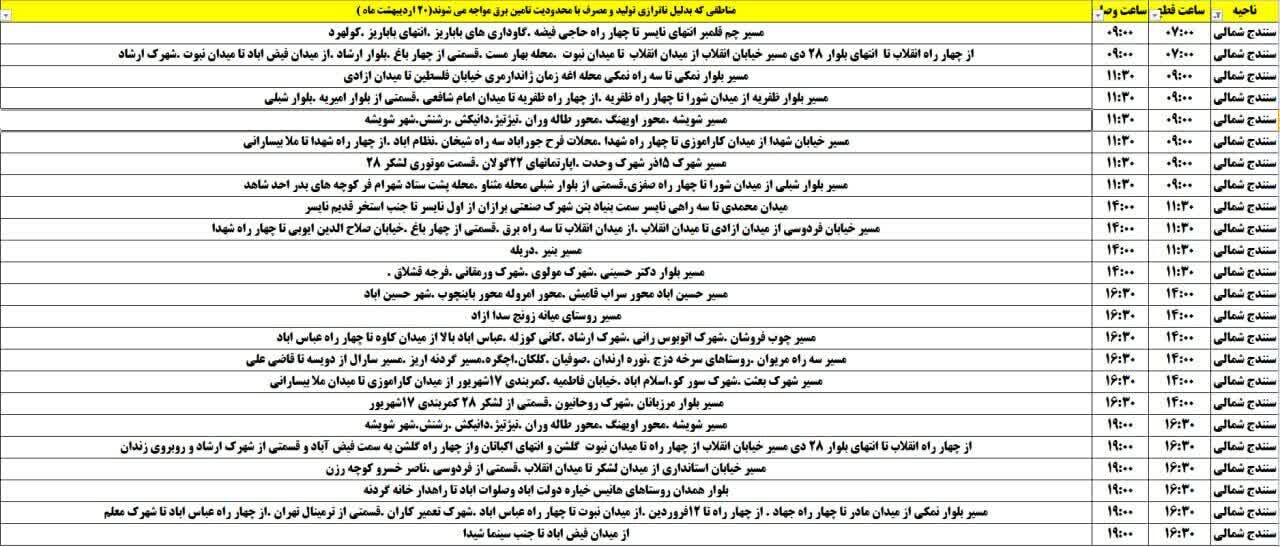 برنامه قطعی برق کردستان روز شنبه ۲۰ اردیبهشت + جدول