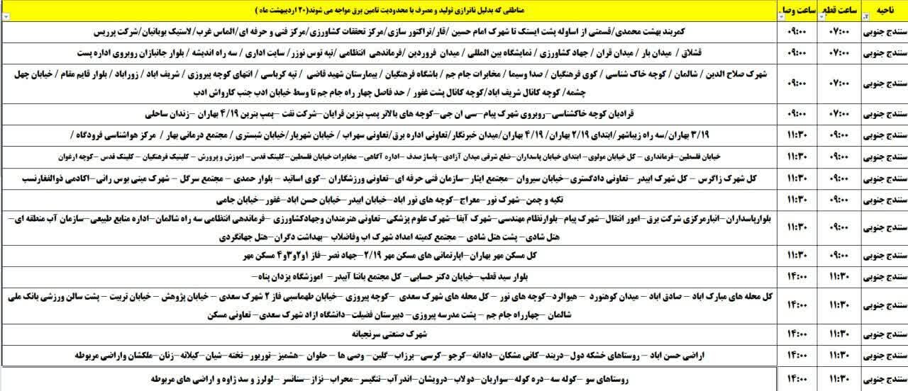 برنامه قطعی برق کردستان روز شنبه ۲۰ اردیبهشت + جدول