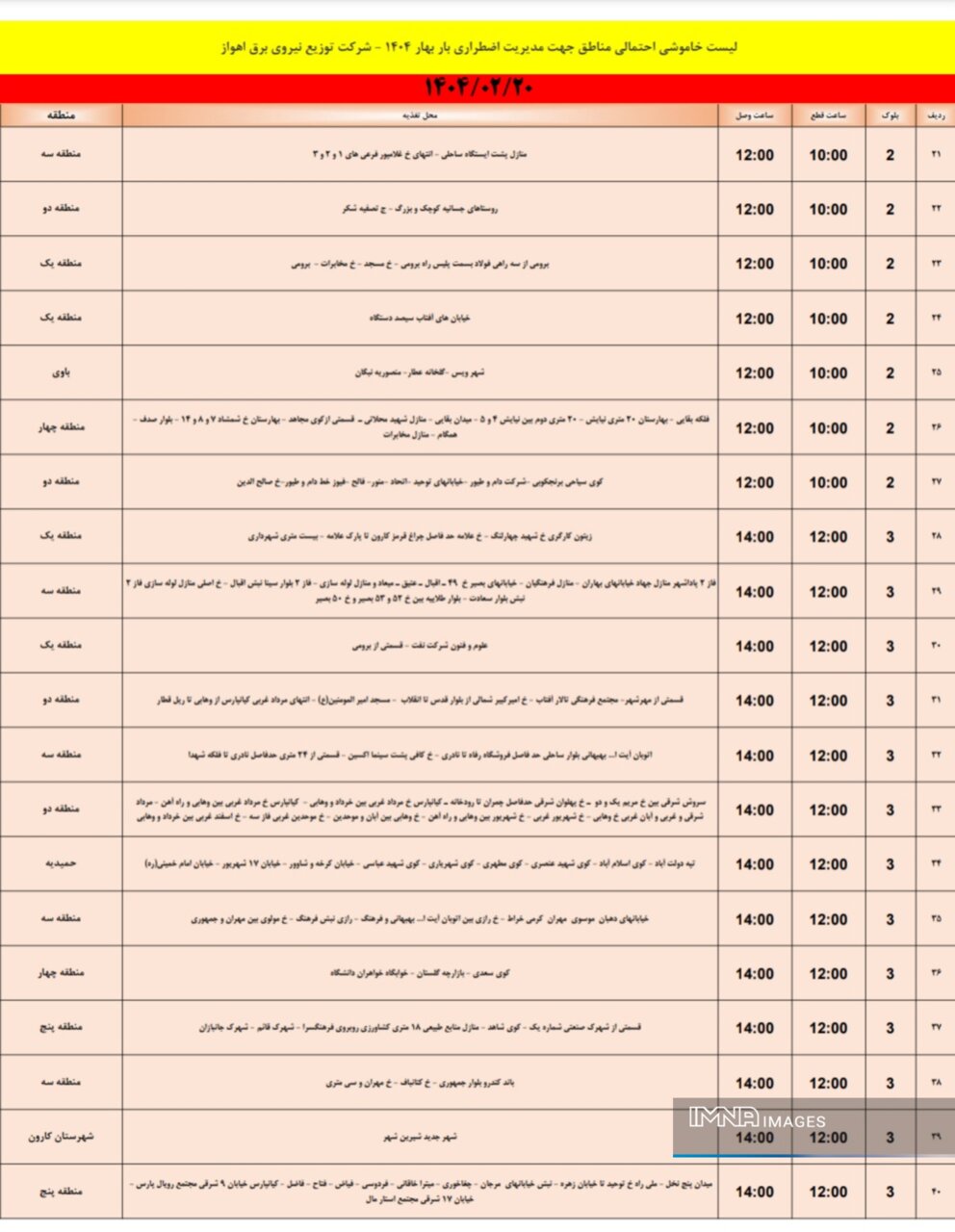 جدول خاموشی برق اهواز شنبه ۲۰ اردیبهشت