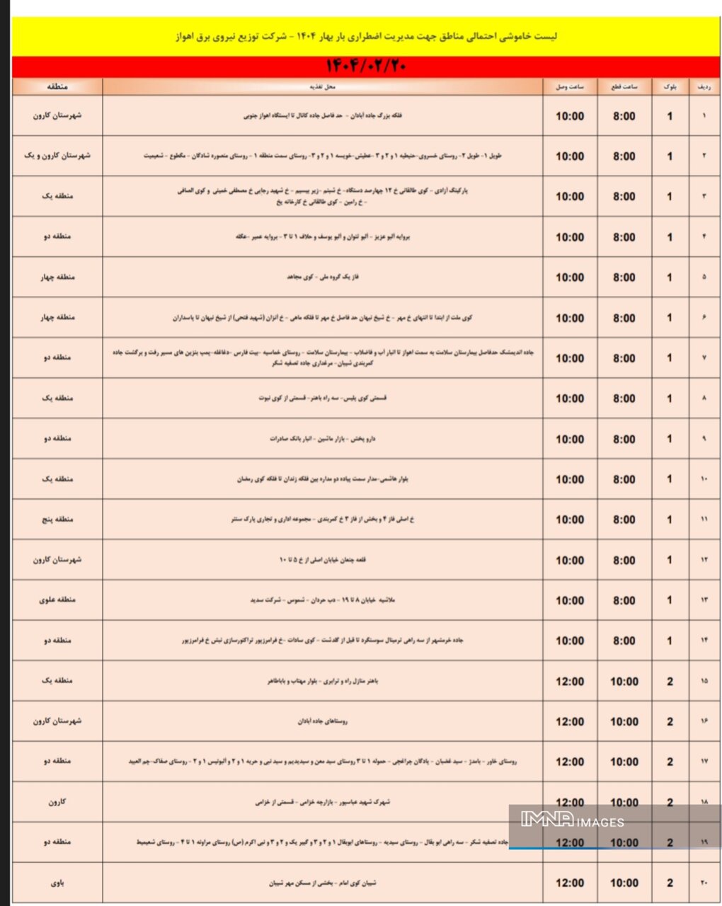 جدول خاموشی برق اهواز شنبه ۲۰ اردیبهشت