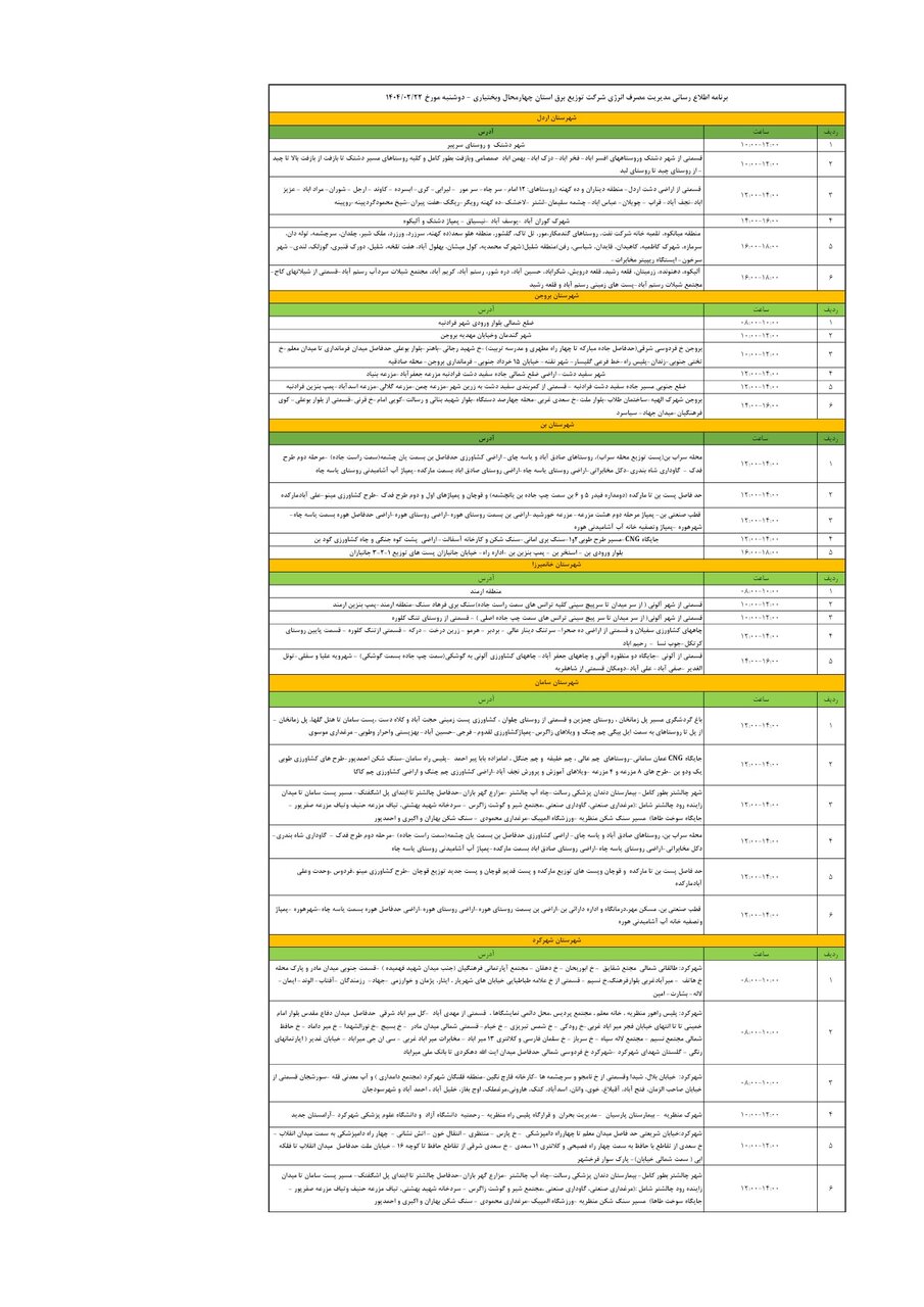 برنامه قطعی برق چهارمحال و بختیاری دوشنبه ۲۲ اردیبهشت + جدول