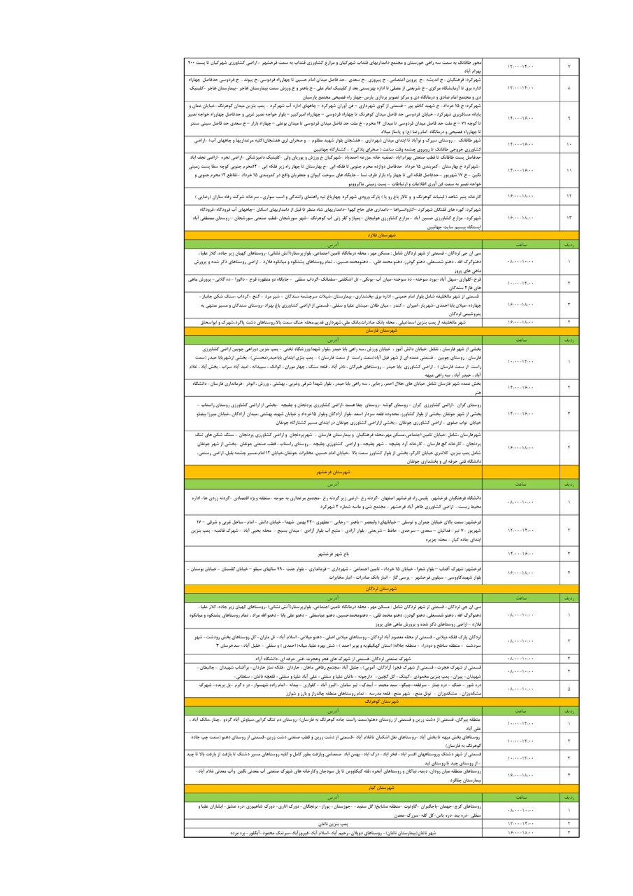 برنامه قطعی برق چهارمحال و بختیاری دوشنبه ۲۲ اردیبهشت + جدول