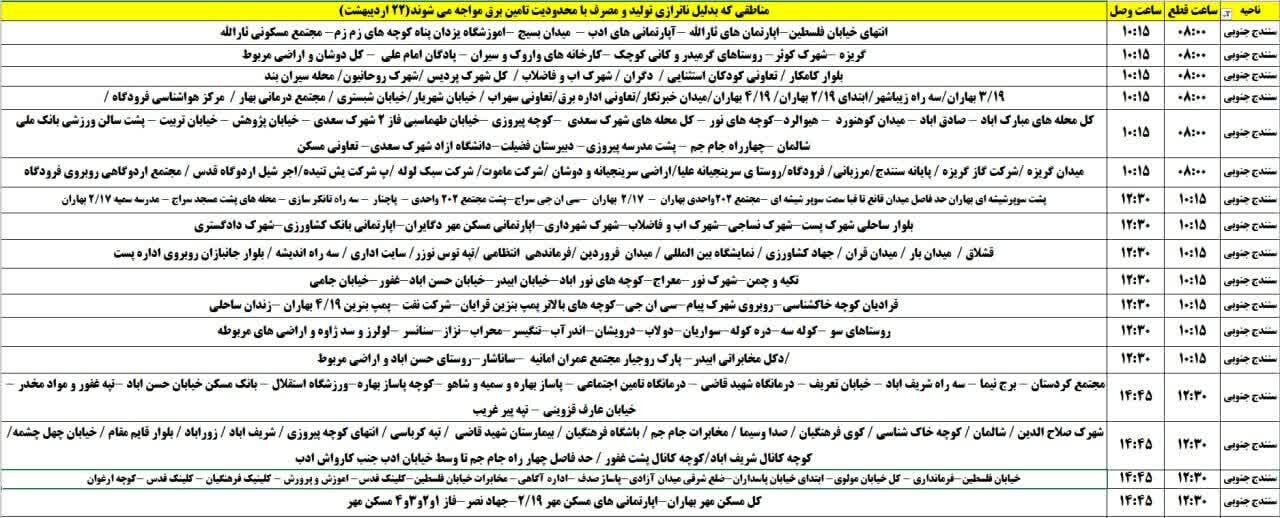 برنامه قطعی برق کردستان روز دوشنبه ۲۲ اردیبهشت + جدول