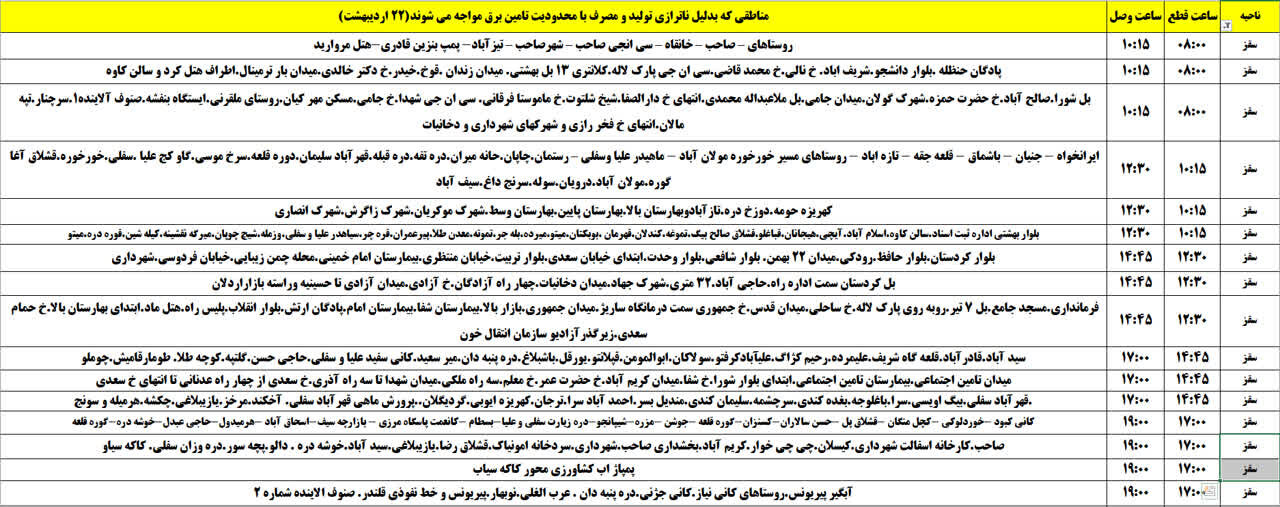 برنامه قطعی برق کردستان روز دوشنبه ۲۲ اردیبهشت + جدول