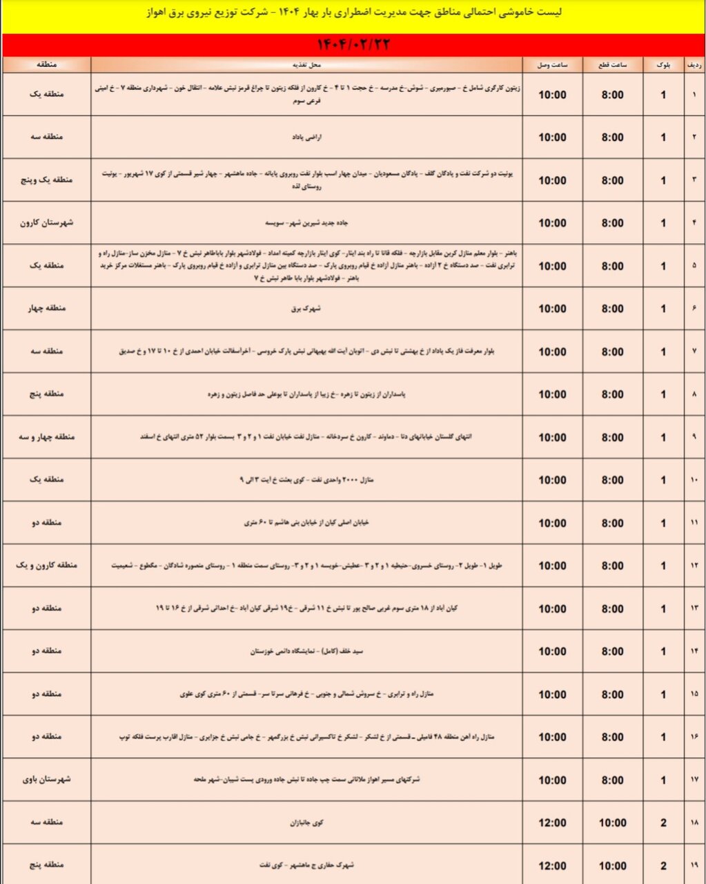 جدول خاموشی برق اهواز دوشنبه ۲۲ اردیبهشت