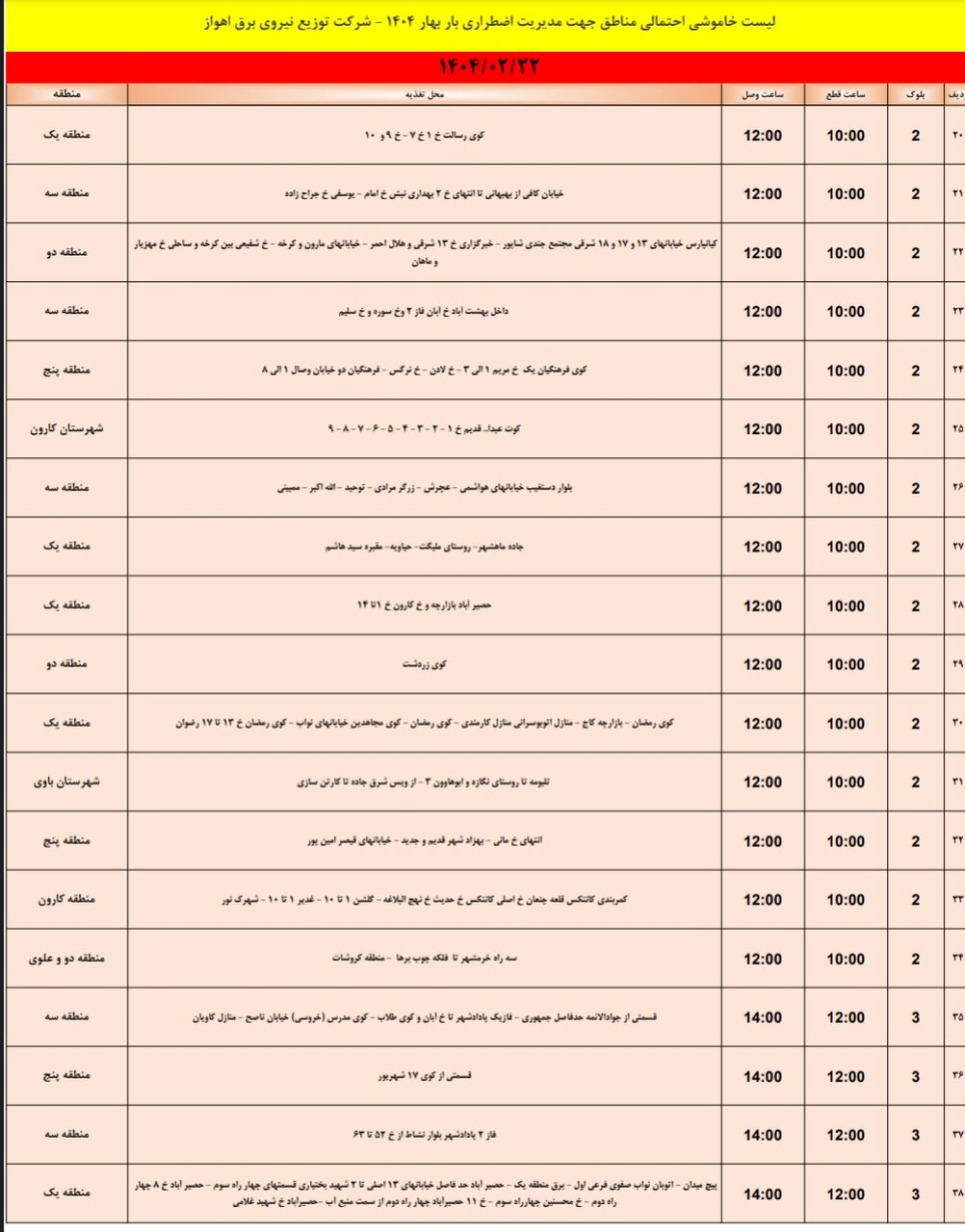 جدول خاموشی برق اهواز دوشنبه ۲۲ اردیبهشت