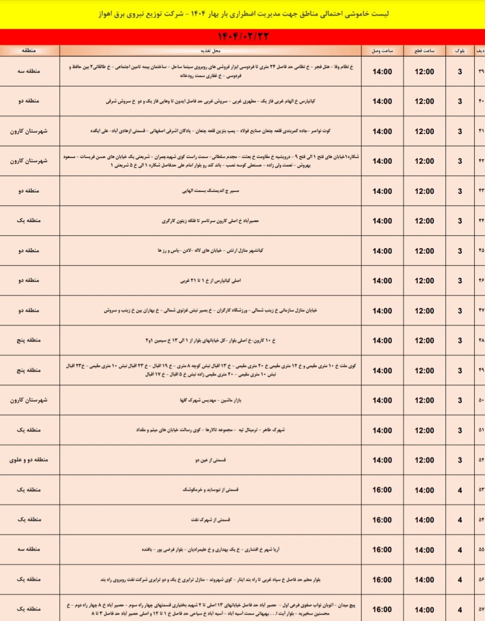 جدول خاموشی برق اهواز دوشنبه ۲۲ اردیبهشت