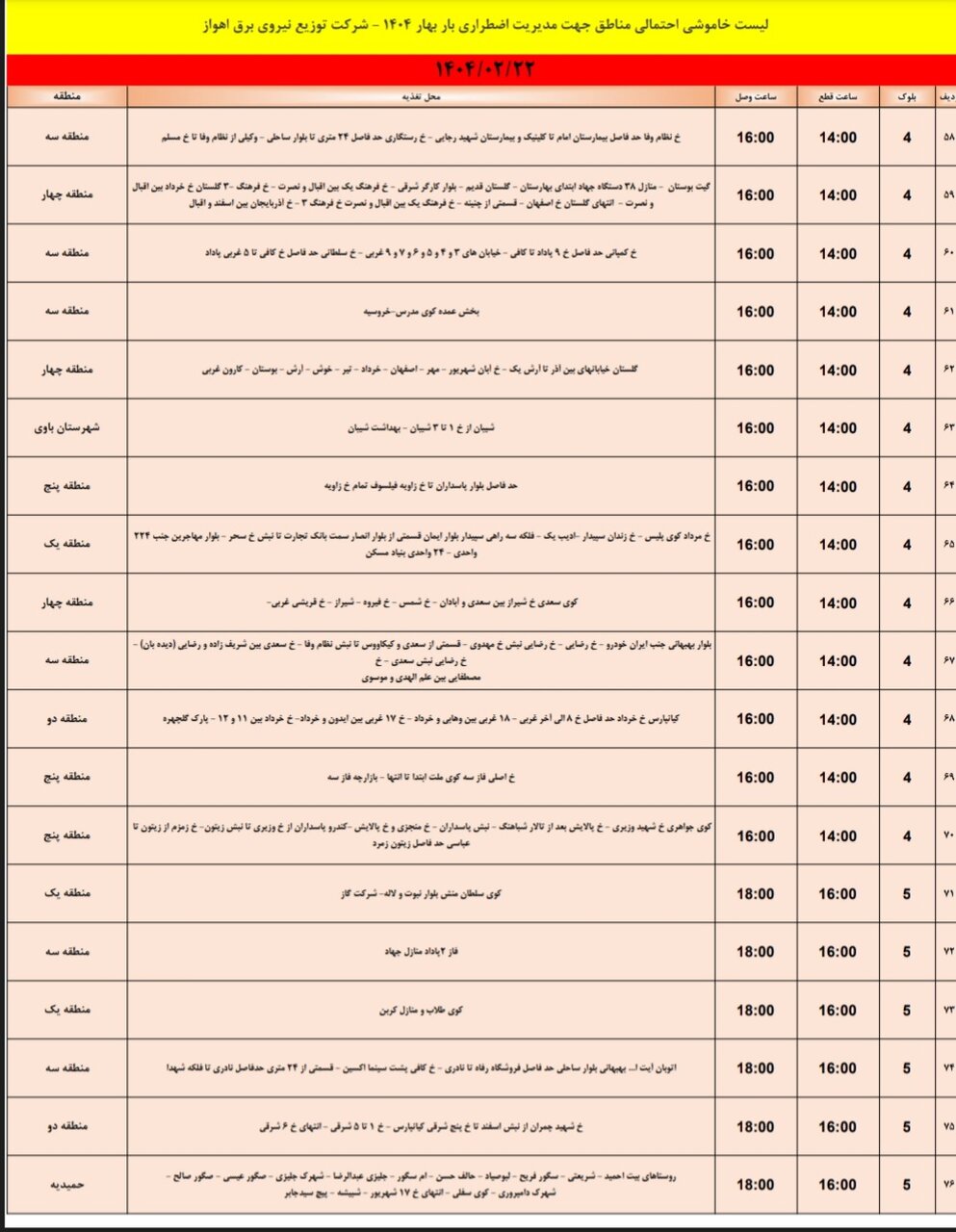 جدول خاموشی برق اهواز دوشنبه ۲۲ اردیبهشت